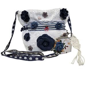 FLR PWR Upcycled Antique Hobnail textured Bedspread bag coin Small blue white